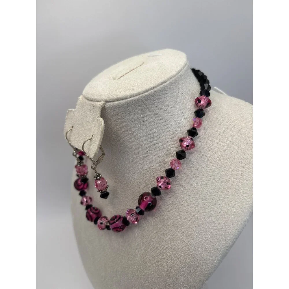 Pink Black Glass Wire Strung Beaded Toggle Choker Necklace Earrings 14” Length